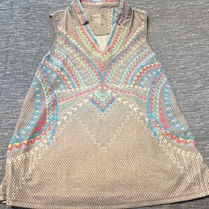 Lucky in Love Brand Taupe V-Neck Sleeveless Tank with Multicolor Embroidery